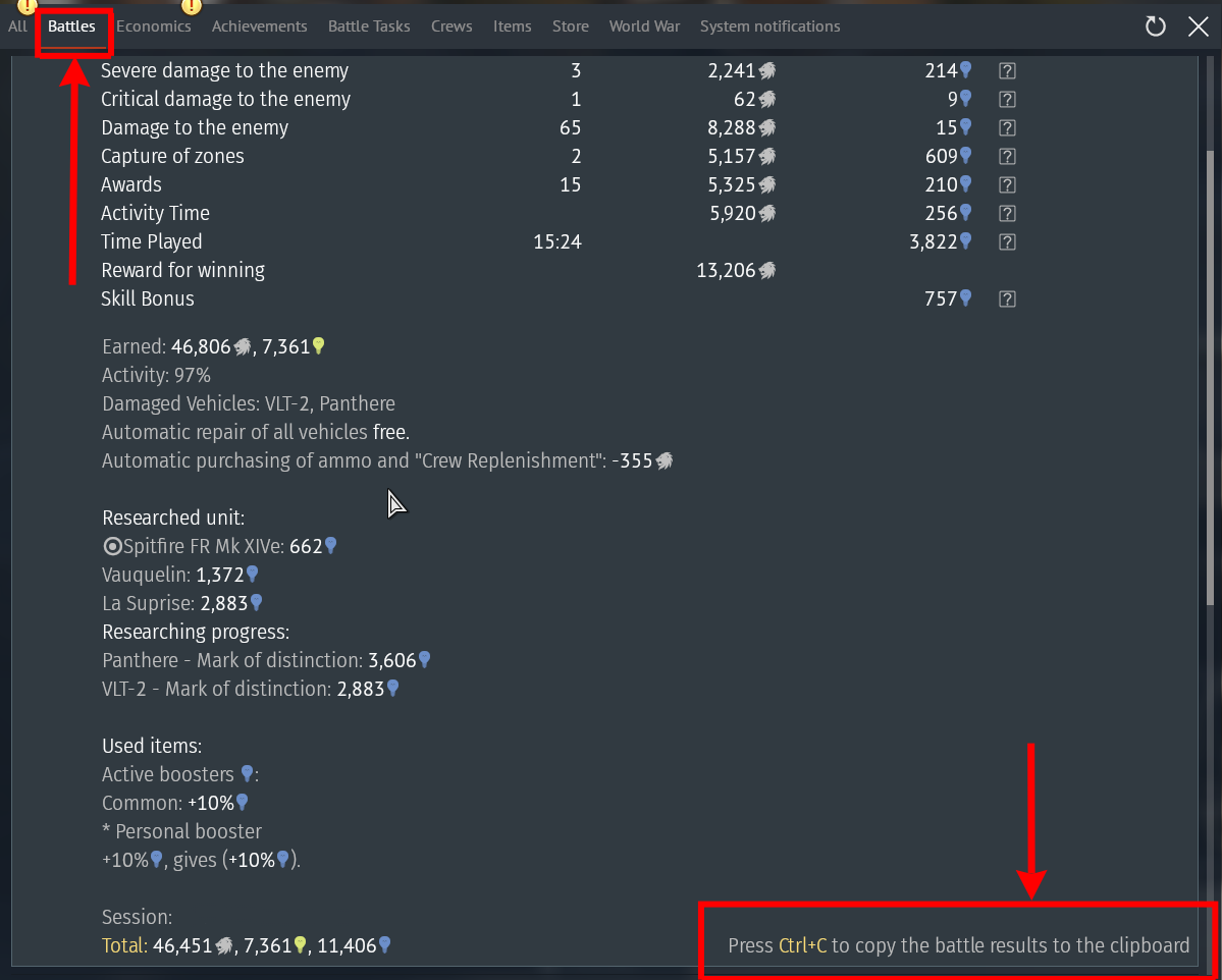 Battle messages with ctrl-c highlighted